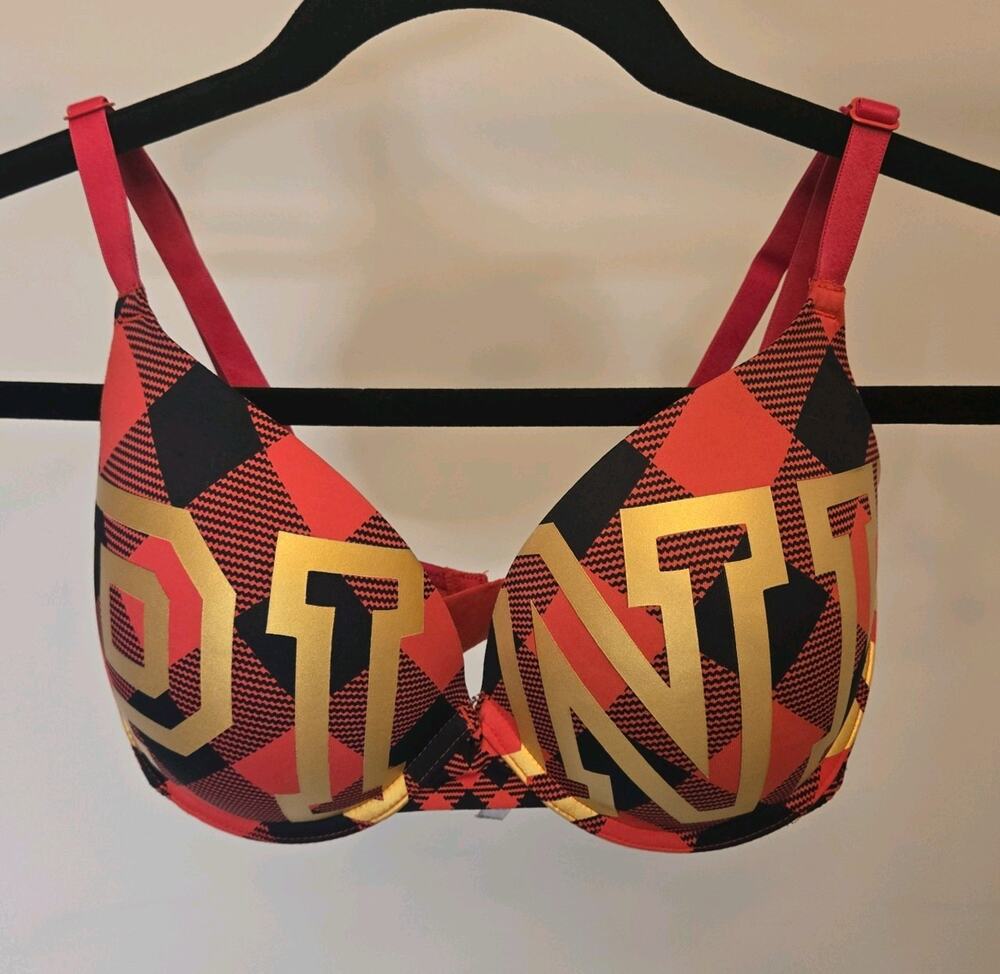 Victoria's Secret Pink Everyday Push Up Bra Red Black Gold Logo Size 32DD EUC